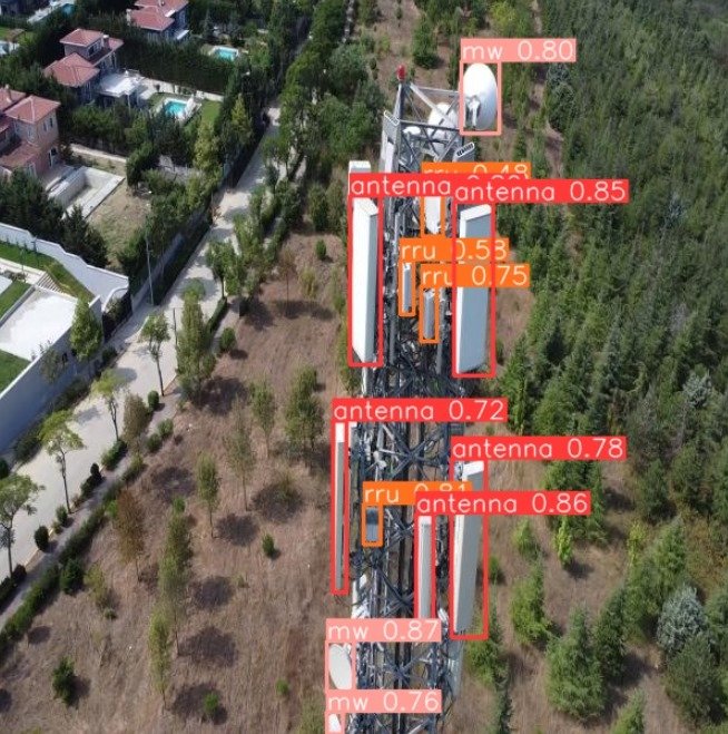 Aerial AI detection — cell tower with bounding boxes from drone survey