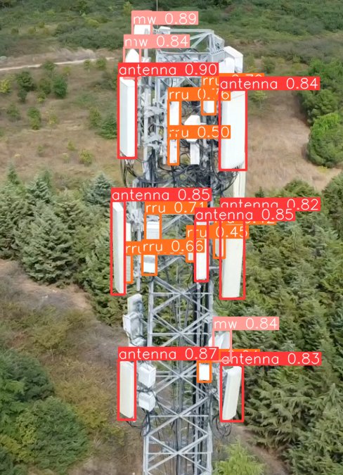 AI object detection — antenna, RRU and MW identified on cell tower
