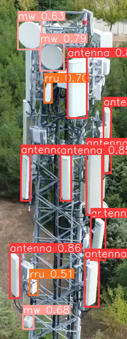 Multi-object detection — dense cell tower with bounding boxes
